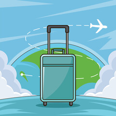 suitcase ready for adventure landscaped vector illustration graphic design . Travel Globe Backgrounds Airplane Flight Vacation for holiday or recreation concept with cartoon style