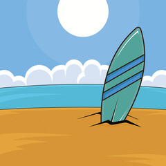 Surfboard on Beach landscaped vector illustration graphic design .Summer Surf Beach Holiday Ocean Wave Sandy Shore for recreation concept with cartoon style