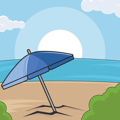Beach Umbrella landscaped vector illustration graphic design . Summer Holiday Ocean and Sand Tropical Travel for recreation concept with cartoon style