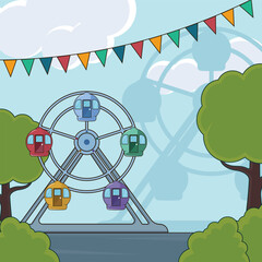 Ferris wheel with colorful cabins landscaped vector illustration graphic design . funfair or amusement park Colorful Flags Entertainment Carnival. Fun Day for recreation concept with cartoon style