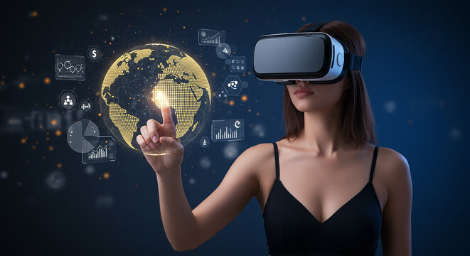 Woman in VR Headset Exploring a Global Data Interface