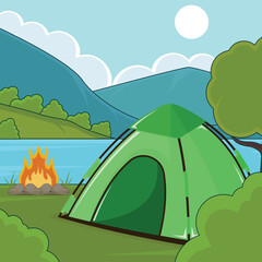 camping scene with a green tent landscaped vector illustration graphic design . Campfire Mountain Lake Outdoor Adventure Nature Camp for holiday or recreation concept with cartoon style