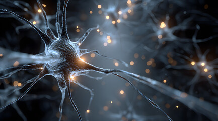 Glowing neural connections and synapses in artificial intelligence network. Abstract visualization of brain activity and data flow