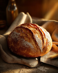 Fresh artisan bread on rustic cloth