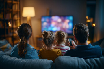 Family watches spooky Halloween movie on television in cozy living room at night. Concept for family entertainment, holiday celebration and leisure activities