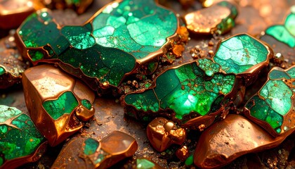 Polished malachite stones with gold trim shimmer against a background of copper and earthy minerals, creating a rich, luxurious texture and color palette.