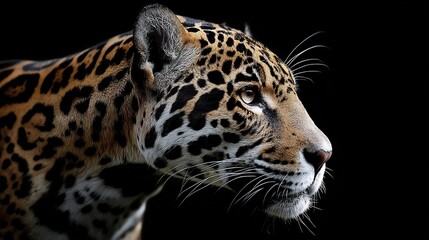 Obraz premium Jaguar portrait with striking spots; focused gaze against stark black backdrop