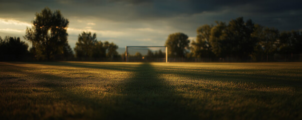 Dramatic view of soccer field under a moody sky with a goal in the distance. Concept for sports promotion, team building activities and outdoor recreation