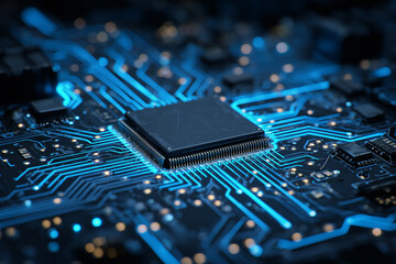 Detailed close-up of a computer processor with illuminated blue pathways on a circuit board, concept for artificial intelligence, quantum computing and data processing