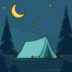 Night Camping landscaped vector illustration graphic design . Tent Under Moon Starry Sky Outdoor Adventure Wilderness Camp for holiday or recreation concept with cartoon style