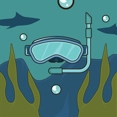 Diving Mask landscaped vector illustration graphic design . Snorkeling Gear Underwater Scene Ocean Exploration Scuba Diving for holiday or recreation concept with cartoon style