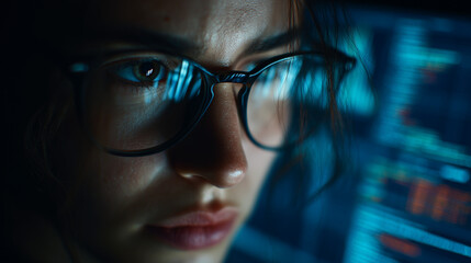 Focused woman in glasses studies data code reflected on the lenses, concept for software development, cybersecurity analysis, and fintech research