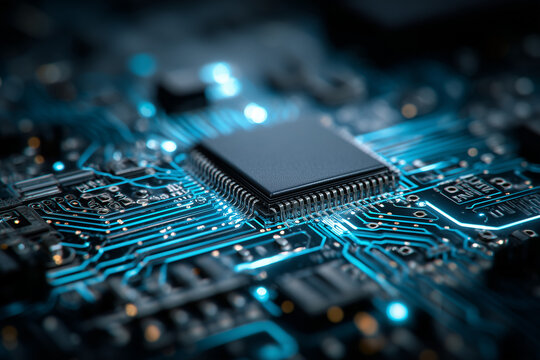 Close-up of a computer chip on a blue circuit board with glowing light patterns. Concept for artificial intelligence, quantum computing and data processing