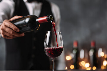 A waiter pours red wine into a glass in an elegant setting with bokeh, concept for wine tasting event, dinner party and sommelier service