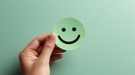 Close-up of a hand holding a green paper with a smiley face symbol on a mint green background. Concept for feedback, customer satisfaction and positive emotion