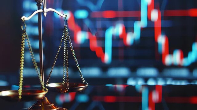 Scales of justice overlayed on a financial stock chart, symbolizing legal and economic balance. Financial regulation and legal oversight concepts.