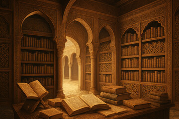 Ancient Arabic Library with Books Illustration