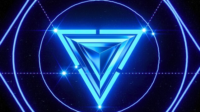 Blue neon light triangle and circle, spiritual geometric shapes and glowing lines, futuristic and abstract background.