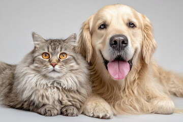 Close-up of fluffy tabby cat and golden retriever dog lying together on gray background. Concept for pet care, friendship bond and veterinary advertising