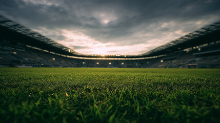 Fototapeta premium Green grass field close up with blurred stadium background under dramatic sky. Concept for sporting event, championship match and athletic competition