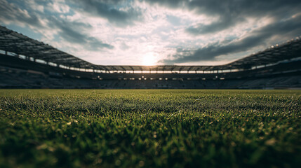 Low angle shot of a lush green sports field in a stadium under a dramatic sky, concept for sports events, athletic competitions and outdoor activities