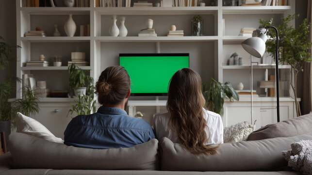 Couple watching green screen television in modern living room interior, concept for entertainment presentation, advertising mockup and online course promotion