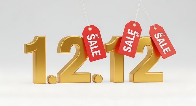 Golden 12.12 Sale Promotion with Red Sale Tags on White Background