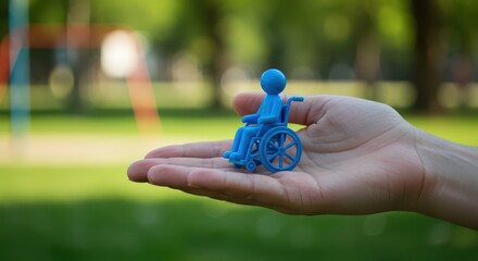 Accessibility and Compassion: A tender hand cradles a miniature figure in a wheelchair, conveying a message of care, understanding, and equality in a park setting.