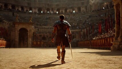 An Epic Gladiator is Heroically Entering the Arena with Bravery and Strength