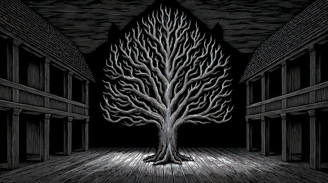 A stark, monochromatic illustration of a sprawling tree, surrounded by buildings, conveying themes of nature and solitude.