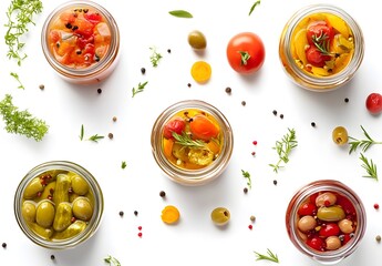 Assorted marinated vegetables and olives in glass jars, viewed from above on white
