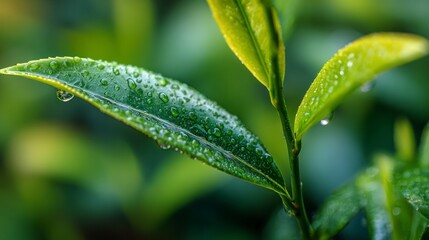 Tea leaves covered in water droplets