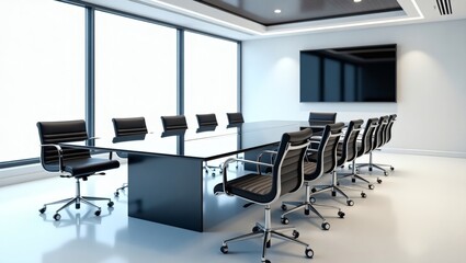 Fototapeta premium a modern, well-lit conference room, furnished with a large table, chairs, and a flat-screen television. The room exudes professionalism and elegance, ideal for meetings and presentations.