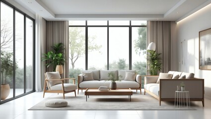 Fototapeta premium A beautifully designed living room, filled with natural light and modern furniture. A comfortable and stylish interior space, ideal for relaxation