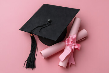 Flat lay of graduation cap, diploma, and pink ribbon on a pink background; perfect for education, achievement, or commencement celebration themes.