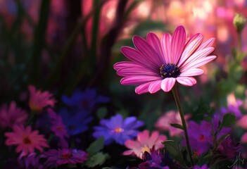 Vibrant pink flower, surrounded by a field of colorful blossoms. Soft focus, dreamy light