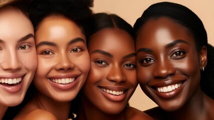 Diverse women with radiant smiles showcase natural beauty. Their different skin tones highlight inclusivity and representation. Together, they embody confidence and allure.