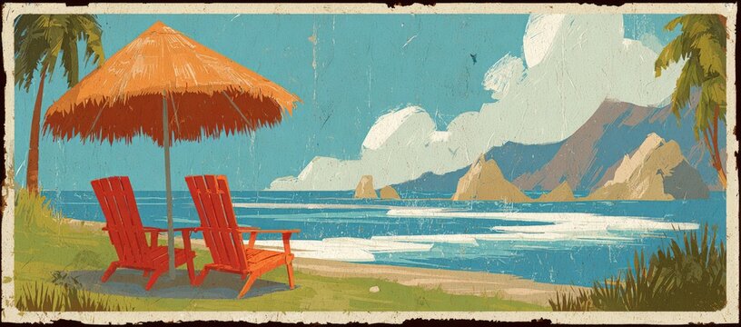 Retro beach scene with a thatched umbrella and Adirondack chairs - Powered by Adobe