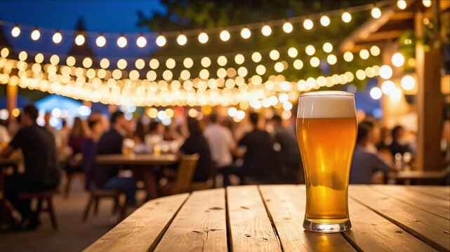 Outdoor beer garden nighttime scene