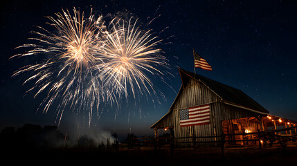 Festive fireworks illuminate a rustic barn and waving flag on a patriotic summer night