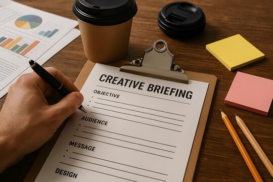 Creative briefing document on clipboard with pen, coffee cup and sticky notes