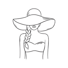 Elegant woman in a wide-brimmed hat with a long braid, minimalist line art vector.
