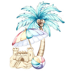 Enjoy summer bliss at the beach with palm trees, colorful beach balls, and a sandcastle under a vibrant umbrella, perfect for creating joyful memories with family and friends