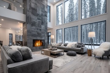 Obraz premium Modern great room, showcasing a stone fireplace and expansive windows overlooking a snowy forest