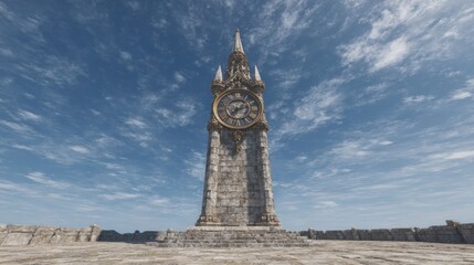 Beautiful antique clock tower stands tall under a blue sky with clouds