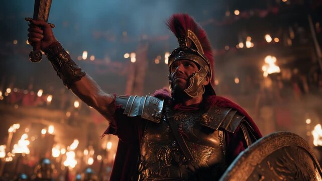A Legendary Roman Gladiator Champion Rising Amidst Fierce Torches and Flames