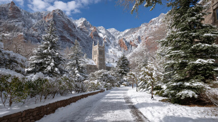 snowcovered trail leads towards ancient church nestled amidst majestic mountains