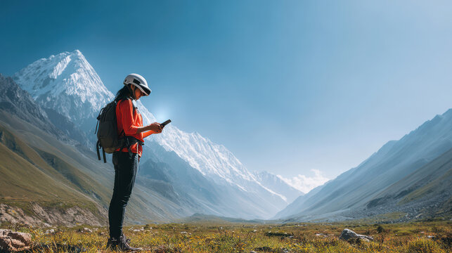 traveler stands in front of majestic mountains with ultrabright ar markers indicating peak names