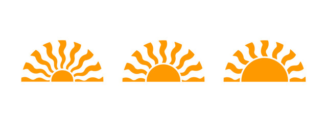 Cute silhouettes of half suns. Wavy orange sunny rays in semicircle shape. Sunburst, sunrise or sunset signs. Summer theme print. Happy positive vibes concept. Vector flat illustration.