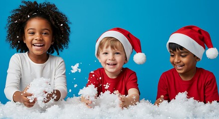 Three happy children in Santa hats play with snow on a festive, blue background.